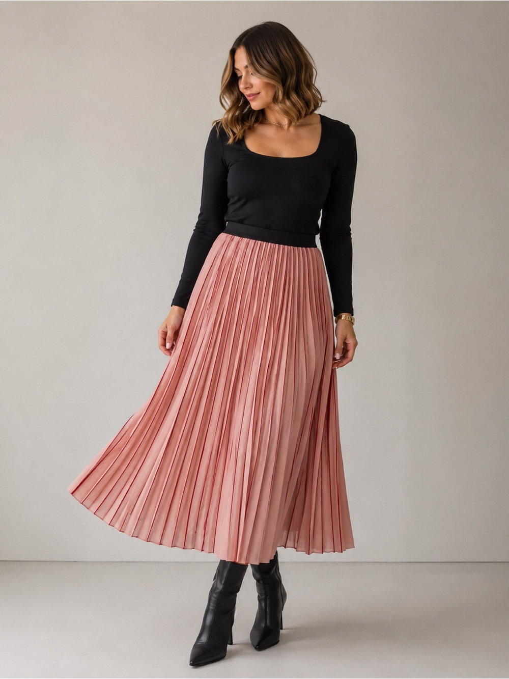 Stradivarius Pink Red Colorblock Pleated Midi Skirt Womens Large Accordion Lined
